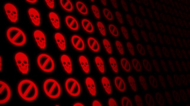 Abstract dynamic background with bright red skull and taboo signs on a black background. 4K