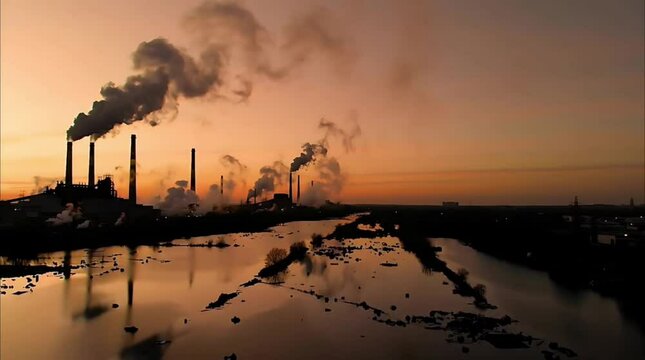 Factory-Dominated Area: Industrial Waste & Smokestacks Taint Air & Water