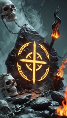 Mystical altar with pentagram symbols, skulls, and fiery glowing effects creating an ominous ritual scene