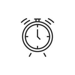 This minimalist alarm clock icon features distinct bells, a clean circular face, and precisely designed hour and minute hands, ideal for time management and scheduling applications