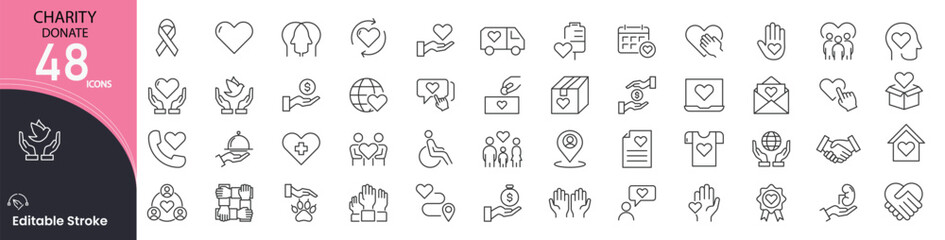 Charity and donate related icons set. Including heart, giving, help, hands, fund, volunteer, support, and kindness. Editable stroke. outline icons.