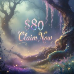 Mystical Forest Night Scene with Enchanting Lighting and Claim Now Message