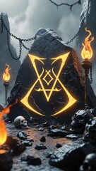 Mystical Stone with Rune Symbols and Fire-lit Surroundings in a Dark Mythical Scene