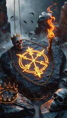 Mystical ritual site featuring glowing symbols, skulls, and ominous flames in a dark fantasy setting