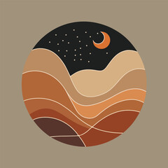 A beautiful boho-inspired landscape illustration within a circle. This design features mountains, a crescent moon, and stars in earthy tones. Perfect for wall art, posters, or designs with a nature th