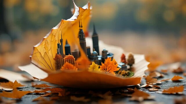 Miniature city skyline nestled in golden maple leaf with soft autumn blur in background. Concept of urban life in harmony with nature