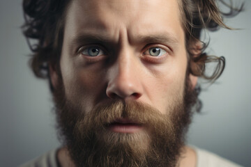 Obraz premium portrait of a tired white man around 30 years old, unshaven beard, visible stubble, dark circles under the eyes, disheveled hair, emotionally exhausted expression, pale skin
