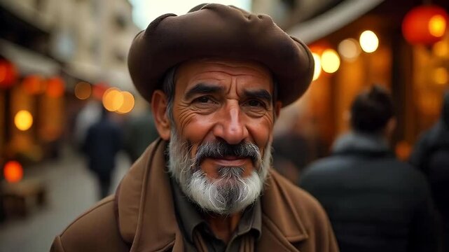 A middle-aged Afghan man in Kabul, wearing a traditional pakol hat and a brown wool chapan, standing in a bustling marketplace on a sunny autumn afternoon.