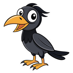 Joyful cartoon raven is standing happily with its beak open on a white background