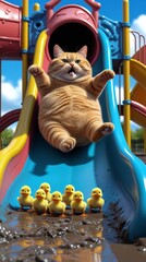 playful kitten sliding down colorful playground slide with rubber ducks