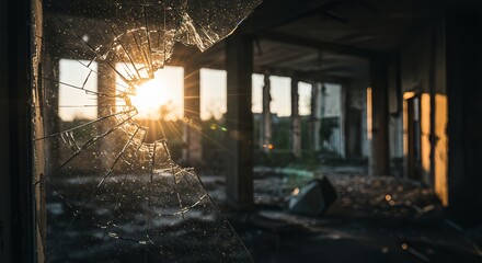 Fototapeta premium Broken window with spider web and sunlight in abandoned building 