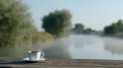 serene scene of cup of coffee resting on wooden table surrounded by morning fog by river
