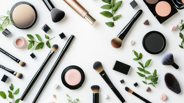 Flatlay makeup brushes, palettes, greenery, white background, beauty blog
