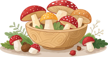 Wooden Bowl with Mushrooms on White Background