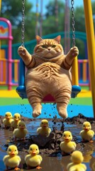playful orange tabby cat swinging on a vibrant colorful playground with ducklings below