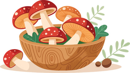 Rustic Wooden Bowl with Mushrooms White Background Vector Design
