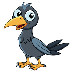 Cartoon blue crow looks happy, featuring a yellow beak and feet while standing