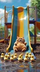 Playground with colorful slide and plenty of yellow duck toys on sandy ground