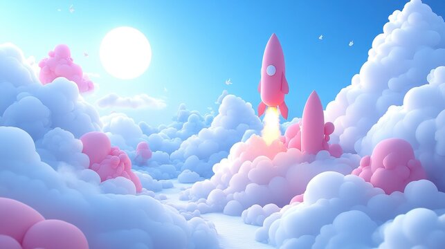 Pink Rocket Launches into Pastel Clouds