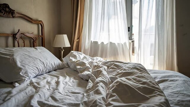 Cozy bedroom with rumpled white bedding and soft natural light filtering through curtains