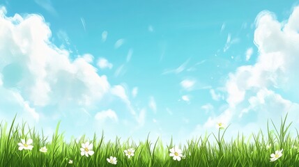 Fototapeta premium illustration cartoon simple meadow hill landscape blue sky and cloud flower summer time 