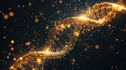 Golden DNA Strand Visualization with Bokeh Effects and Dark Background