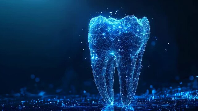 A digital dental technology design featuring a tooth wireframe with a medical icon on a dark blue background. It represents innovative root canal treatments, symbolizing dental clinics and hospitals 