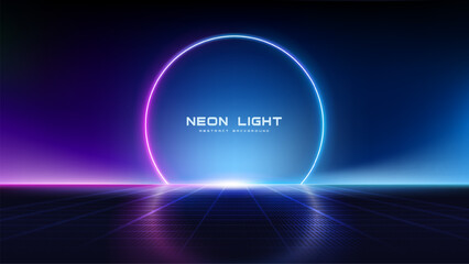 Abstract background with neon glowing circle light and gradient colors, for futuristic modern backdrop designs.