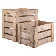 Two rustic wooden crates isolated on transparent PNG background