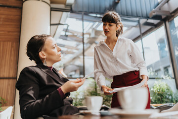 Two women discussing business matters inside a modern and bright cafe setting.