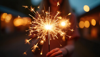 Young woman holding a sparkler in a festive evening setting  