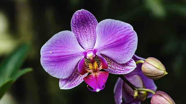 Close-up of a vibrant purple orchid flower with delicate petals blooming, Beautiful macro shot of a blooming Phalaenopsis orchid with water drops, Stunning vivid purple orchid in full bloom,showcasing