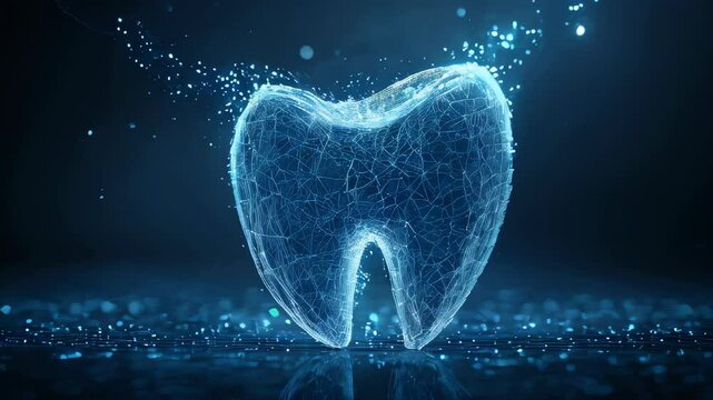 A digital dental technology design featuring a tooth wireframe with a medical icon on a dark blue background. It represents innovative root canal treatments, symbolizing dental clinics and hospitals 