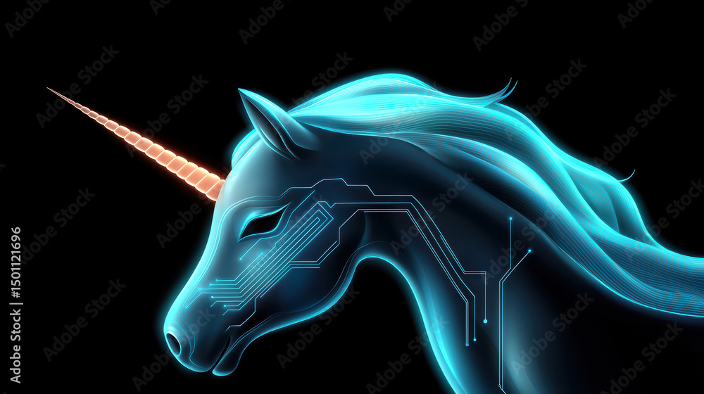 Poster futuristic tech unicorn startup concept illustration digital illustration of a glowing unicorn with 