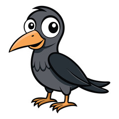 Smiling cartoon crow stands with big, happy eyes and a playful expression visible