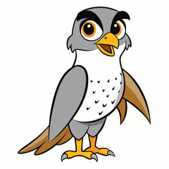Animated falcon with yellow beak and eyes standing with its wings down appears confident