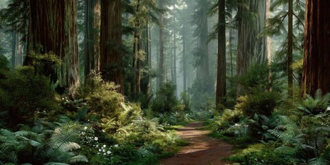 Obraz premium Majestic Redwood Trees in Ancient Forest with Dappled Sunlight and Serene Nature Atmosphere