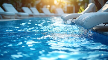 Serene pool with white loungers and sparkling water under a sunny sky