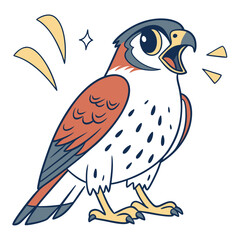 Cartoonish falcon with vibrant plumage and stylized sound effects conveys a loud vocalization