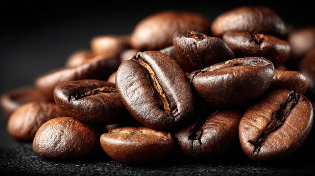 Roasted coffee beans are arranged closely together on a dark surface background.