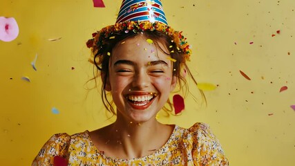 joy of smiling girl wearing party hat, celebrating Portrait with falling confetti and balloons, birthday expressing and happiness yellow background video 4k