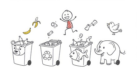 Joyful Child Sorting Waste into Animal-Themed Bins