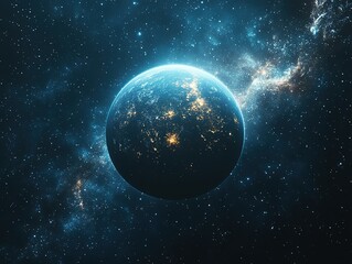 Obraz premium Corporate Glow Orb in Deep Space - Stardust Particle Background with Minimalist Futuristic Design for Startup Landing Pages