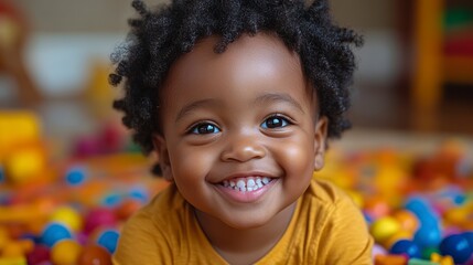 Child's portrait, big eyes, curly hair, smiling amidst colorful toys, joyful expression