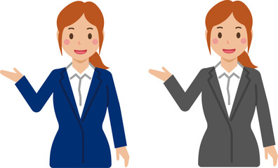 「こちらへ」と笑顔のポニーテールの若い女性。スーツ姿の上半身