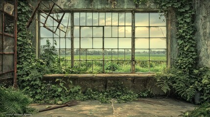 Derelict interior window overgrown with plants