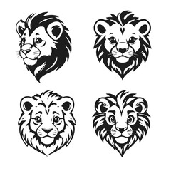 Lion face cartoon set, wild animal illustration, jungle predator drawing, cute lion head, black white vector icons