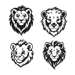 Lion face cartoon set, wild animal illustration, jungle predator drawing, cute lion head, black white vector icons