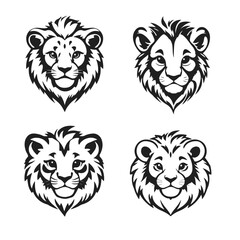 Lion face cartoon set, wild animal illustration, jungle predator drawing, cute lion head, black white vector icons