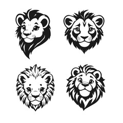 Lion face cartoon set, wild animal illustration, jungle predator drawing, cute lion head, black white vector icons